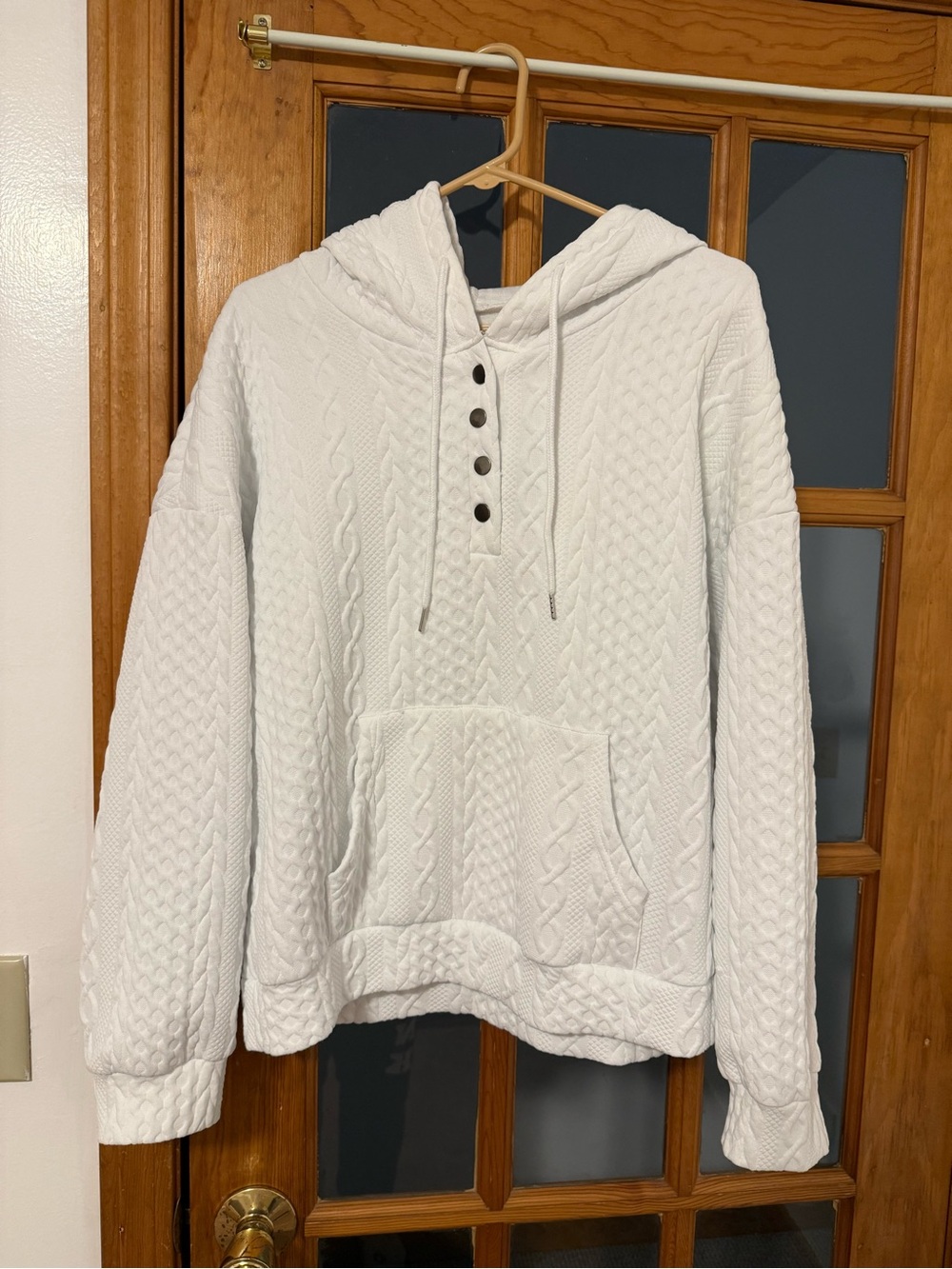 White Cable Knit Hoodie with Button Placket